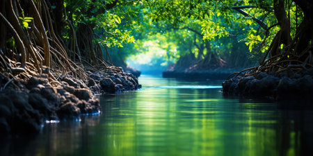 Mangrove forest and calm river in the morning. Minimalist landscape. Generative AI .の素材