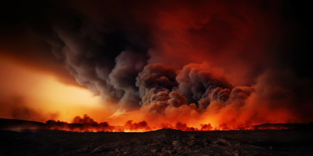 Desert sand dunes on huge fire. Dark smoke above. Dramatic disaster landscape. Generative AI.の素材