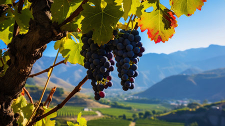 A large bunch of ripe blue grapes on the vine, with blurred mountains on background. Generative AI.の素材