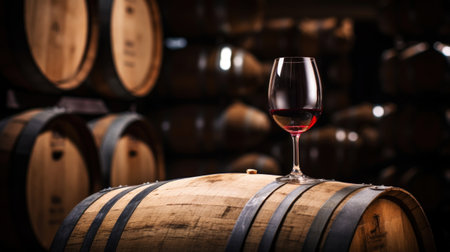 Glass of red wine with a blurred background of cellar, vine-vault with barrels. Generative AI .の素材