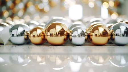 Modern shiny creative Christmas backdrop. Golden festive New Year background. Generative AI.の素材