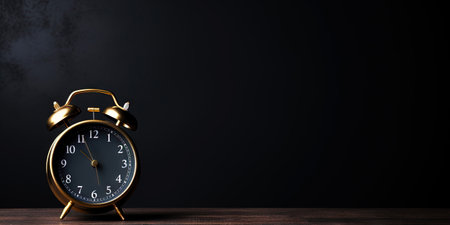 Retro alarm clock on dark interior background. Time to work or get up concept. Generative AI.の素材