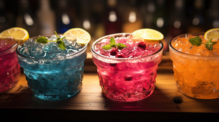Close-up of group of stylish coloured cocktails with ice and lemon on the bar counter. Generative AI.の素材