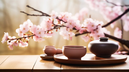 Tea ceremony, traditional teapot and ceramic cups on wooden tray on light background with sakura blossoms. Generative AI.の素材