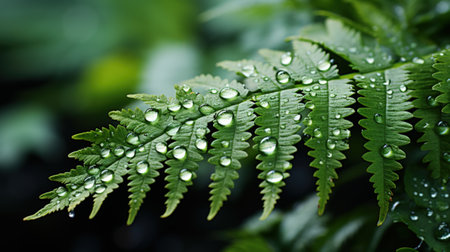 Close-up of fresh green fern leaves with water drops. Dark background. Generative AI.の素材