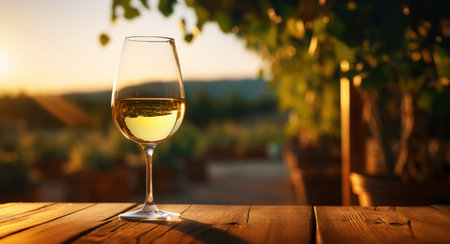 Elegant glass of white wine on blurres background with wine grapes in winery. Young wine. Generative AI.の素材