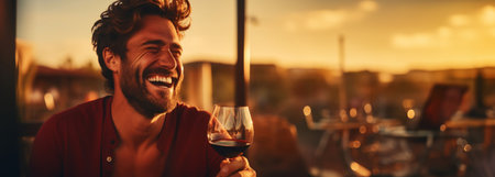 Portrait of a smiling man with a glass of wine, blurred backdrop of vineyard on a sunset. Generative AI.の素材