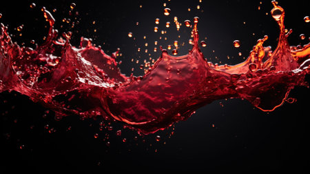 Splashes of red wine from dark-coloured grape varieties. Black background. Generative AI.の素材