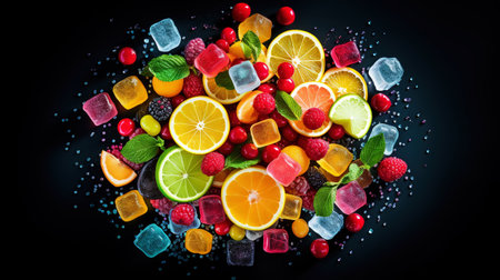 Top view on delicious multicolored candies on black rustic background. Generative AI.の素材