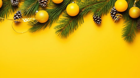 Christmas flat lay with pine, confetti and balls, on yellow background with copy space. Top view. Generative AI.の素材