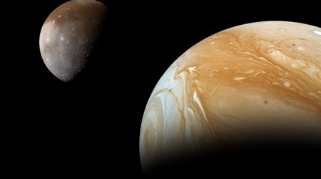 The giant planet and its satellites. Jupiter like planet and its moons. Space concept. Generative AI.の素材