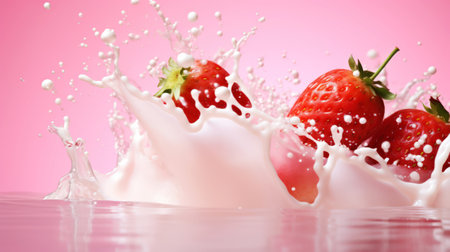 Milk splash with strawberries. Sweet dessert cream. Milkshake concept. Generative AI.の素材