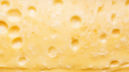 Close-up of cheese slice structure with holes. Food background. Generative AI.の素材