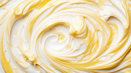 Close-up of vanilla ice cream texture. Top view of frozen white-yellow gelato surface. Food background. Generative AI.の素材