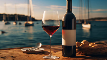 Close-up of a glass of red wine against of sea sunset backdrop. Romantic trip concept. Generative AI.の素材