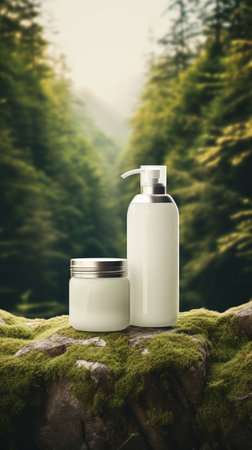 Cosmetic bottles on the stone with moss with a blurred forest backdrop.Natural organic cosmetic mock up. Generative AIの素材