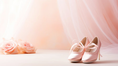 Close-up of pink dance high-heeled shoes. Light background. Copy space. Generative AI.の素材