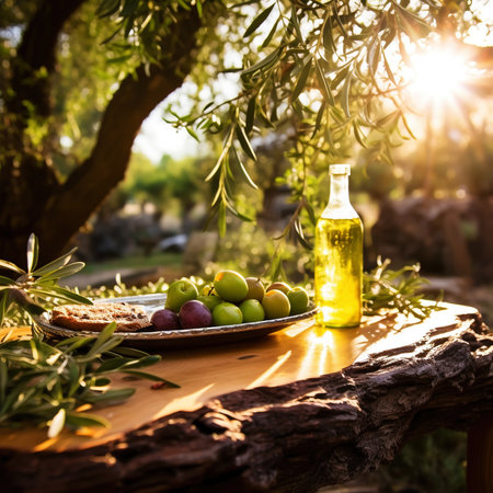 Closeup of organic ripe olives with herbs on a wooden plate in the garden at sunset. Generative AI.の素材