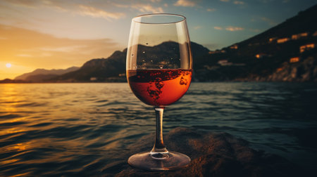 Close-up of a glass of red wine against of sea sunset backdrop. Romantic trip concept. Generative AI.の素材