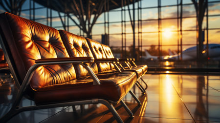 Empty chairs in the departure hall at airport with golden sunset rays. Travel, transportation concept. Generative AI.の素材