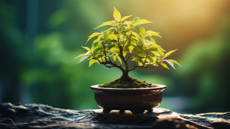 Small bonsai tree in a dark pot on green natural background with sun shine. Generative AI.の素材