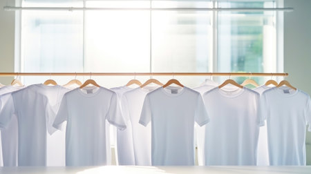 White blank t-shirts hanging on a clothesline. Laundry or dry clean concept. Generative AI.の素材