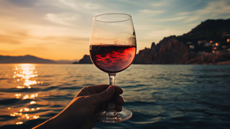 Close-up of a glass of red wine in a hand against of sea sunset backdrop. Romantic trip concept. Generative AI.の素材