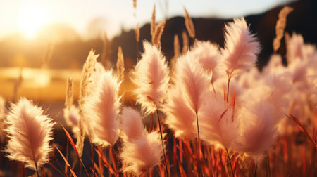 Close up of pampas grass plumes soft and fluffy on a field with sunshine. Generative AI.の素材