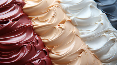 Close-up of texture of creamy ice cream of different flavours, gelato background. Generative AI.の素材