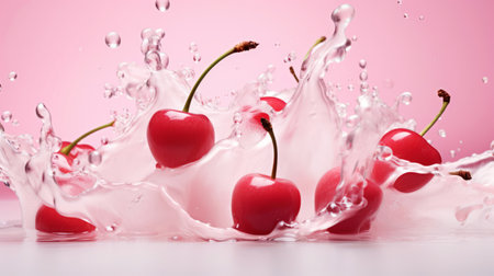 Milk splash with cherries. Sweet dessert cream. Milkshake concept. Generative AI.