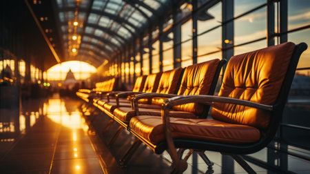 Empty chairs in the departure hall at airport with golden sunset rays. Travel, transportation concept. Generative AI.の素材