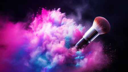 A soft makeup brush releases colourful powder into a dusty, expansive cloud. Black background. Generative AI.の素材