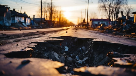 Pothole on the road. Damaged asphalt surface. Hole in a tarmac. Generative AI.の素材