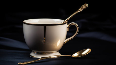 Retro vintage style empty cup with floral pattern and golden spoon. Side view. Dark background. Generative AI.の素材