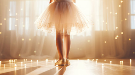 Little ballerina legs in pink dance shoes and tutu. Light festive background. Copy space. Generative AI.の素材