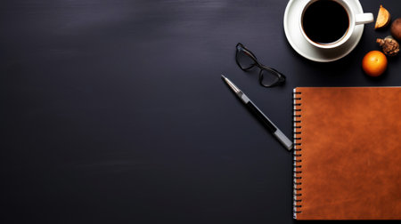 Top view of work desk with notepad, office supplies, and creative clutter. Dark background. Generative AI.の素材