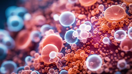 Abstract biology. Microscopy of colorful organic structures, microorganisms, cells. Microbiology concept. Generative AI.の素材