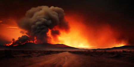 Desert sand dunes on huge fire. Dark smoke above. Dramatic disaster landscape. Generative AI.の素材