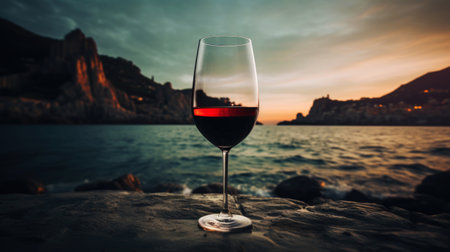 Close-up of a glass of red wine against of sea sunset backdrop. Romantic trip concept. Generative AI.の素材