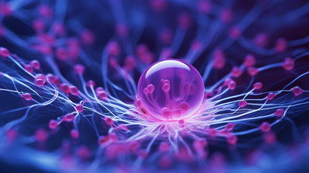 Microscopy of futuristic genetic engineered cell. Advanced biotechnology concept. Generative AI.の素材