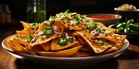 Close up view of nacho tortilla with cream sauce, pepper, spices. Generative AI.の素材