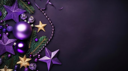 Christmas flat lay with pine, confetti and balls, on violet background with copy space. Top view. Generative AI.の素材