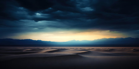 Dramatic sky over desert. Dark clouds over sand dunes. Generative AI.の素材
