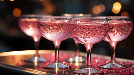 A group of stylish pink girlish cocktails in glasses with high stems at the bar counter. Generative AI.の素材