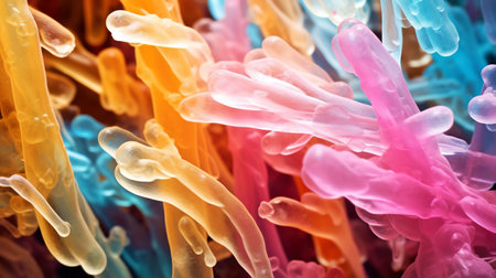Abstract biology. Microscopy of colorful organic structures, microorganisms, cells. Microbiology concept. Generative AI.の素材