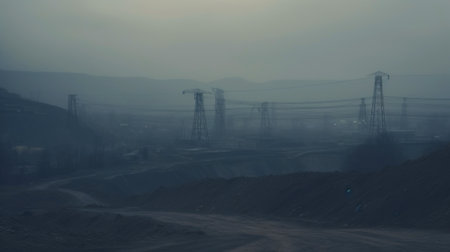 Coal mining industrial landscape. Heavy pollution, smoke, dust, ruined ecosystem. Generative AI.の素材