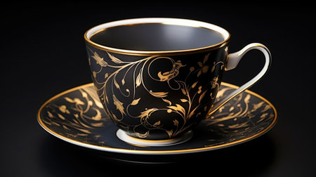 Retro vintage style empty cup with floral pattern. Side view, copy space. Dark background. Generative AI.の素材