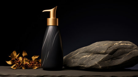 SPA bottle with dispenser on aesthetic dark background with stones and flowers. Skin care concept. Generative AI.の素材
