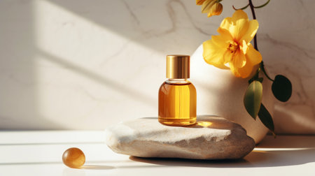 SPA essential oil on aesthetic background with stones and flowers. Natural cosmetics skin care concept. Generative AI.の素材