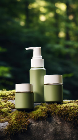 Cosmetic bottles on the stone with moss with a blurred forest backdrop.Natural organic cosmetic mock up. Generative AIの素材